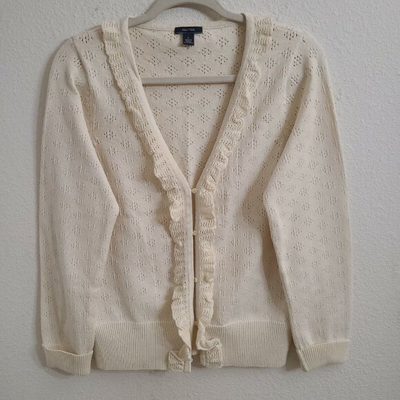Nautica Ivory V-Neck Button Up Ruffled Long Sleeve Cardigan Sweater sz L - Picture 1 of 6